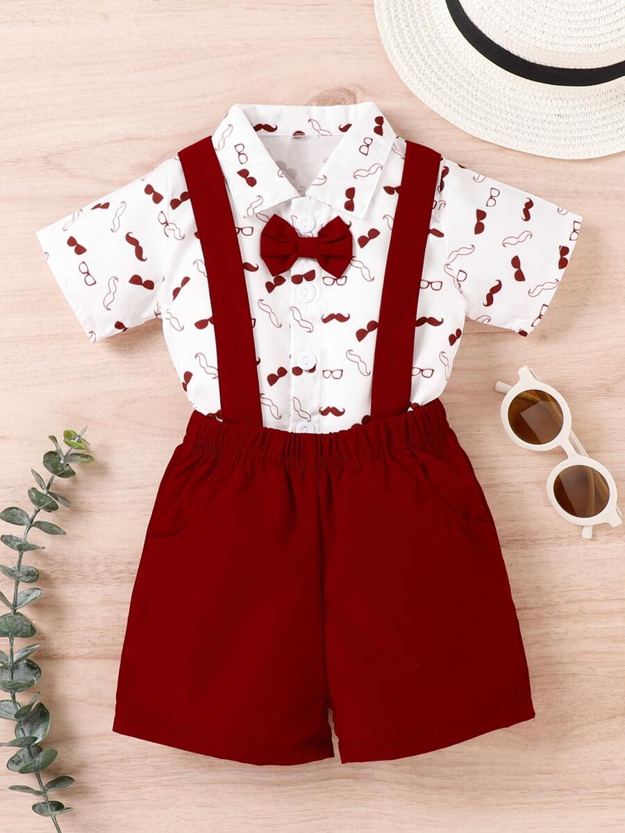 Toddler Boys Glasses & Moustache Print Bow Detail Shirt & Crisscross Pinafore Shorts