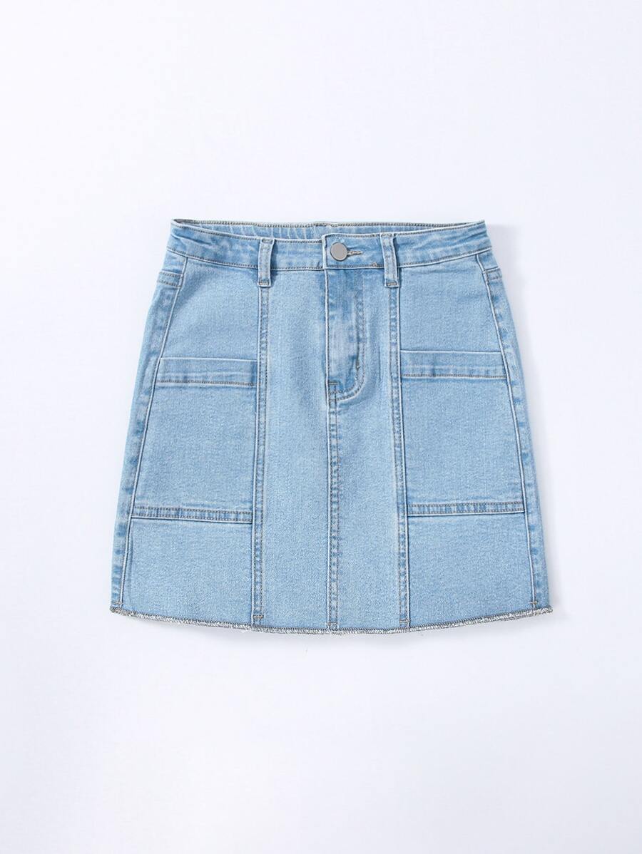 Girls Pocket Patched Top-stitching Denim Skirt