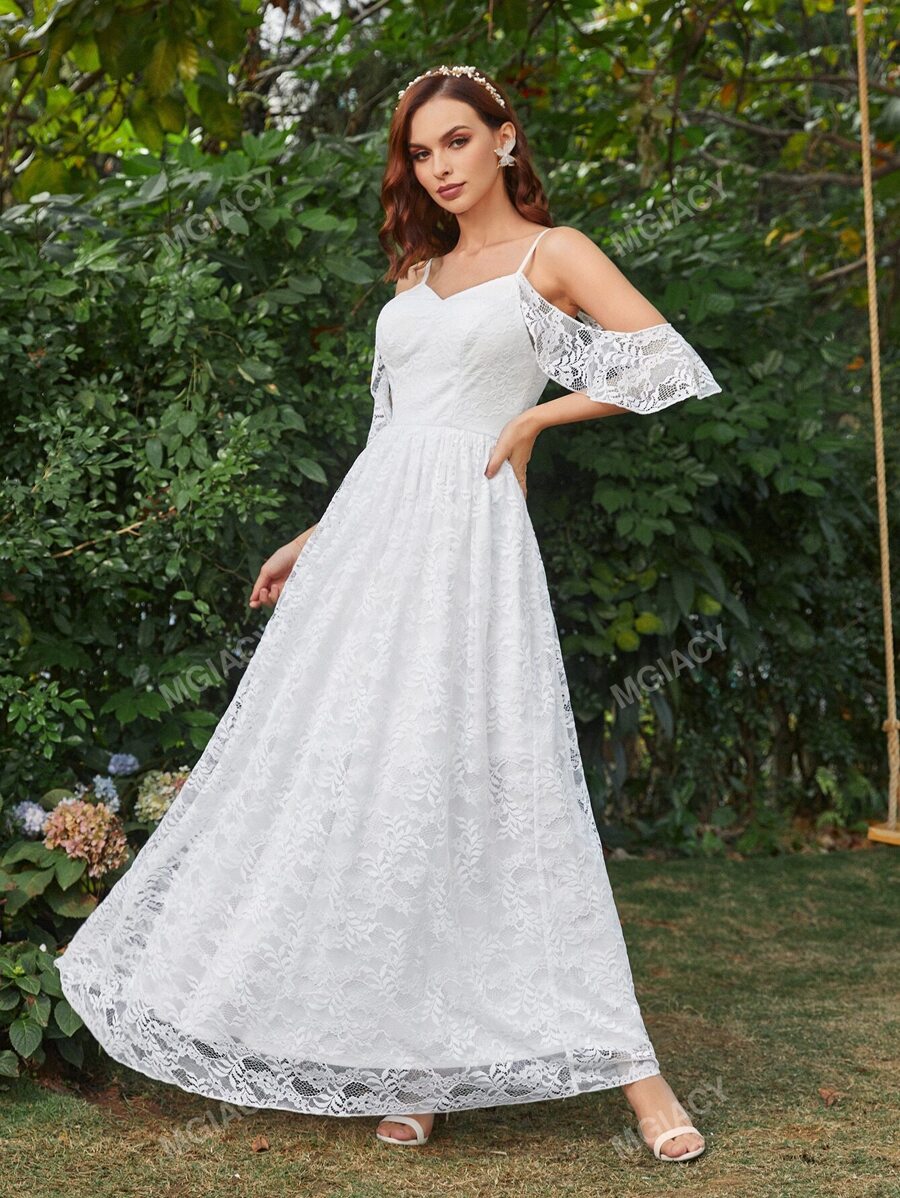 Cold Shoulder Zipper Back Lace Wedding Dress