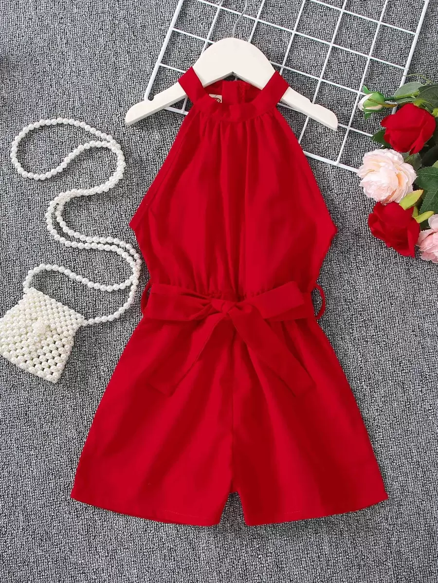 SHEIN Kleine Mädchen Gürtel Neckholder Romper Rot Jumpsuit Für KinderJumpsuit Rot Für Kinderrot Kleine Mädchen Setrot Kleine Mädchen Sets