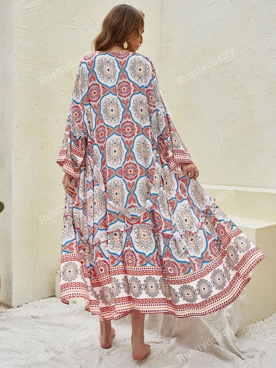 Rusttydustty Kimono con cinturón y estampado floral, para el verano y las vacaciones a la playa