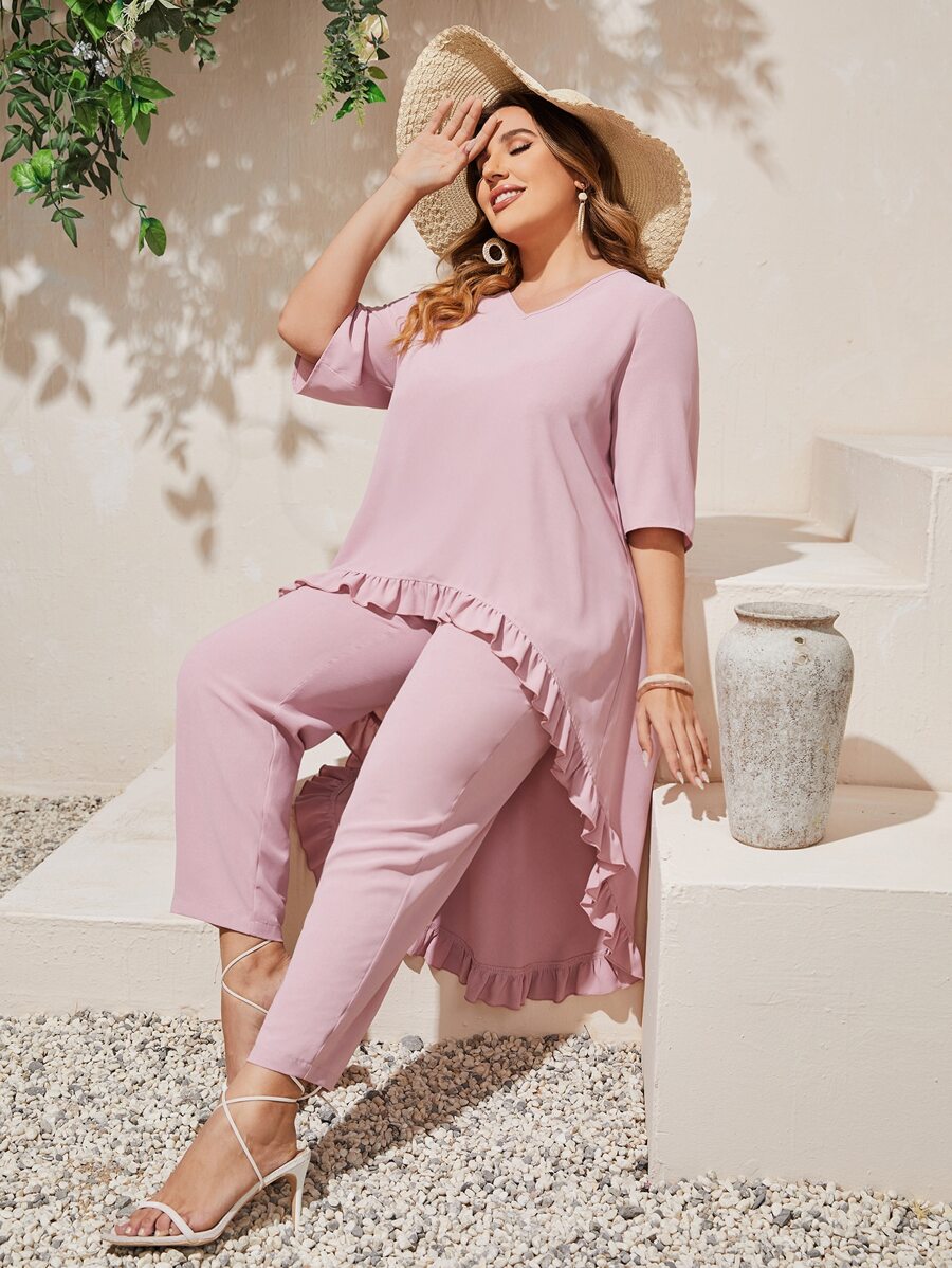 SHEIN Plus Solid Ruffle Hem High Low Top & Pants