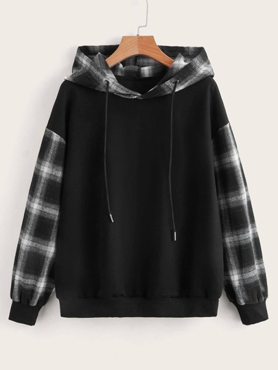 Plaid Print Drop Shoulder Drawstring Hoodie