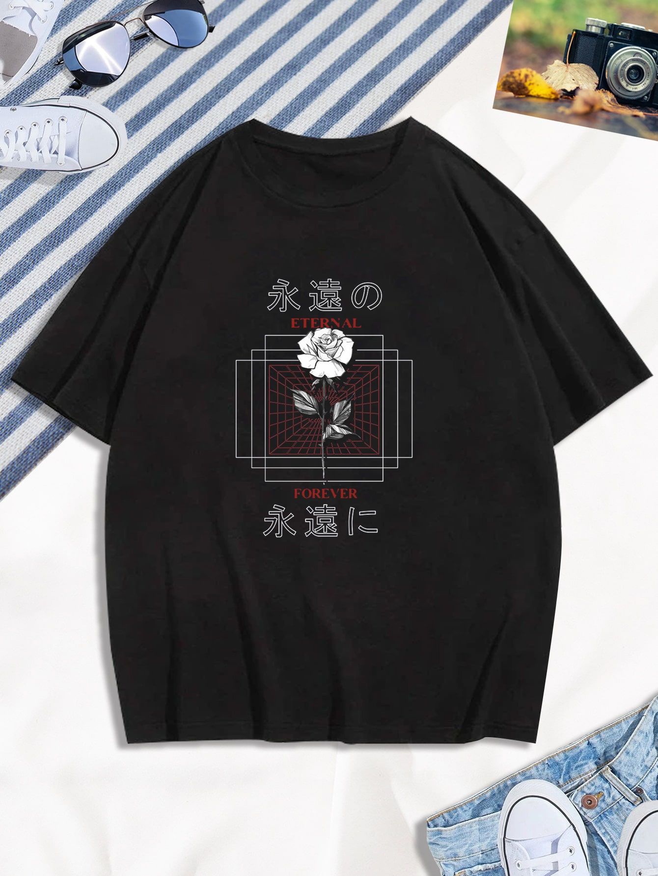 Extended Sizes для мужчины Футболка с японским текстовым и цветочным ...