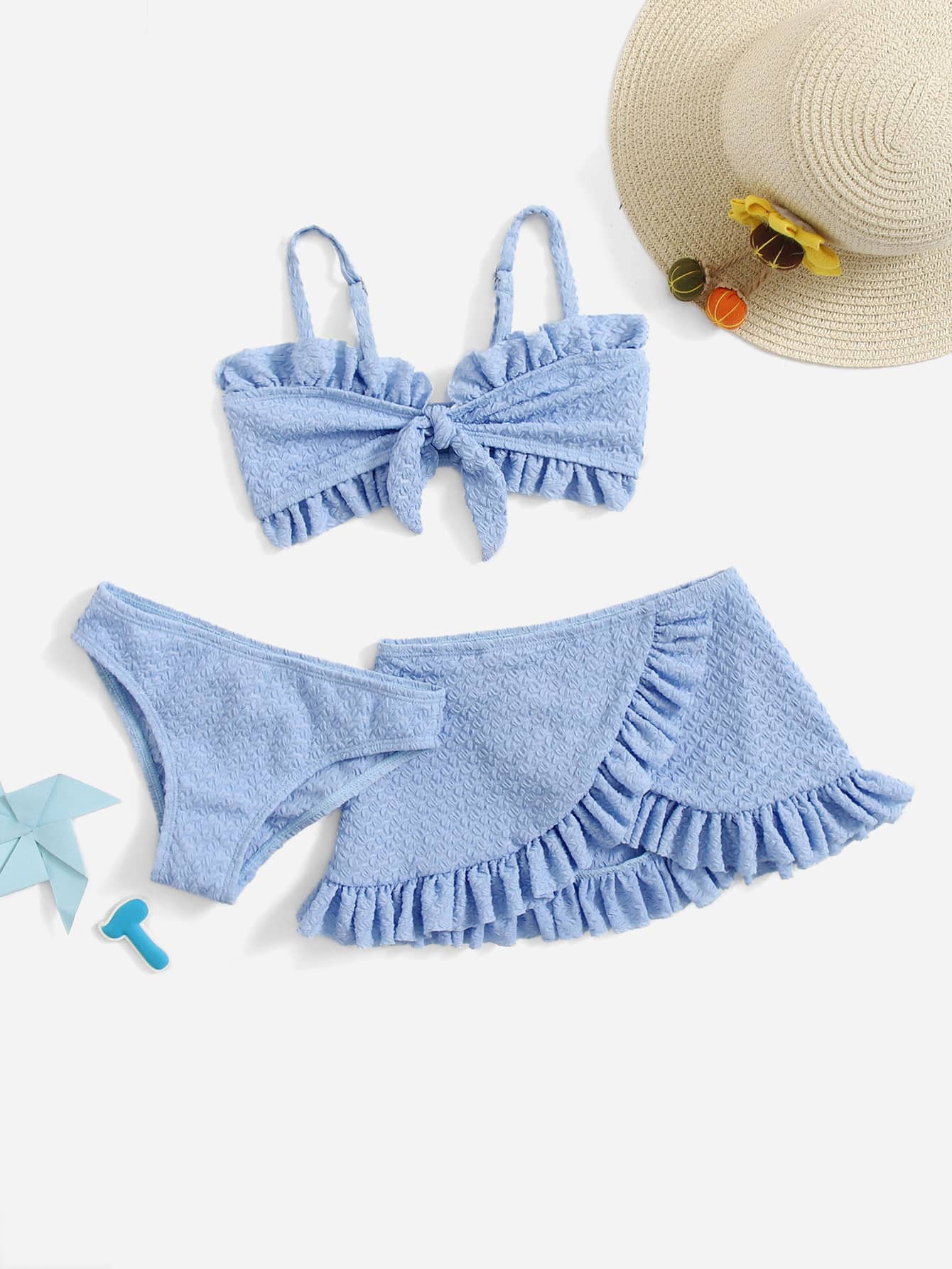 Young Girl Textured Frill Trim Bow Front Bikini Set Summer Beach