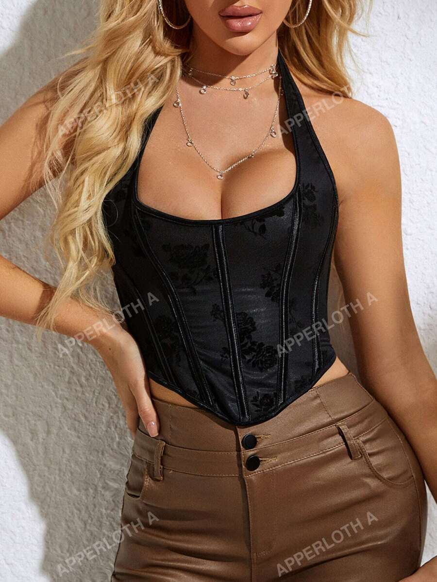 Apperloth A Top corto con espalda en V con cordones, con diseño de flores aterciopeladas, que da forma a la cintura, para festivales de música sexy