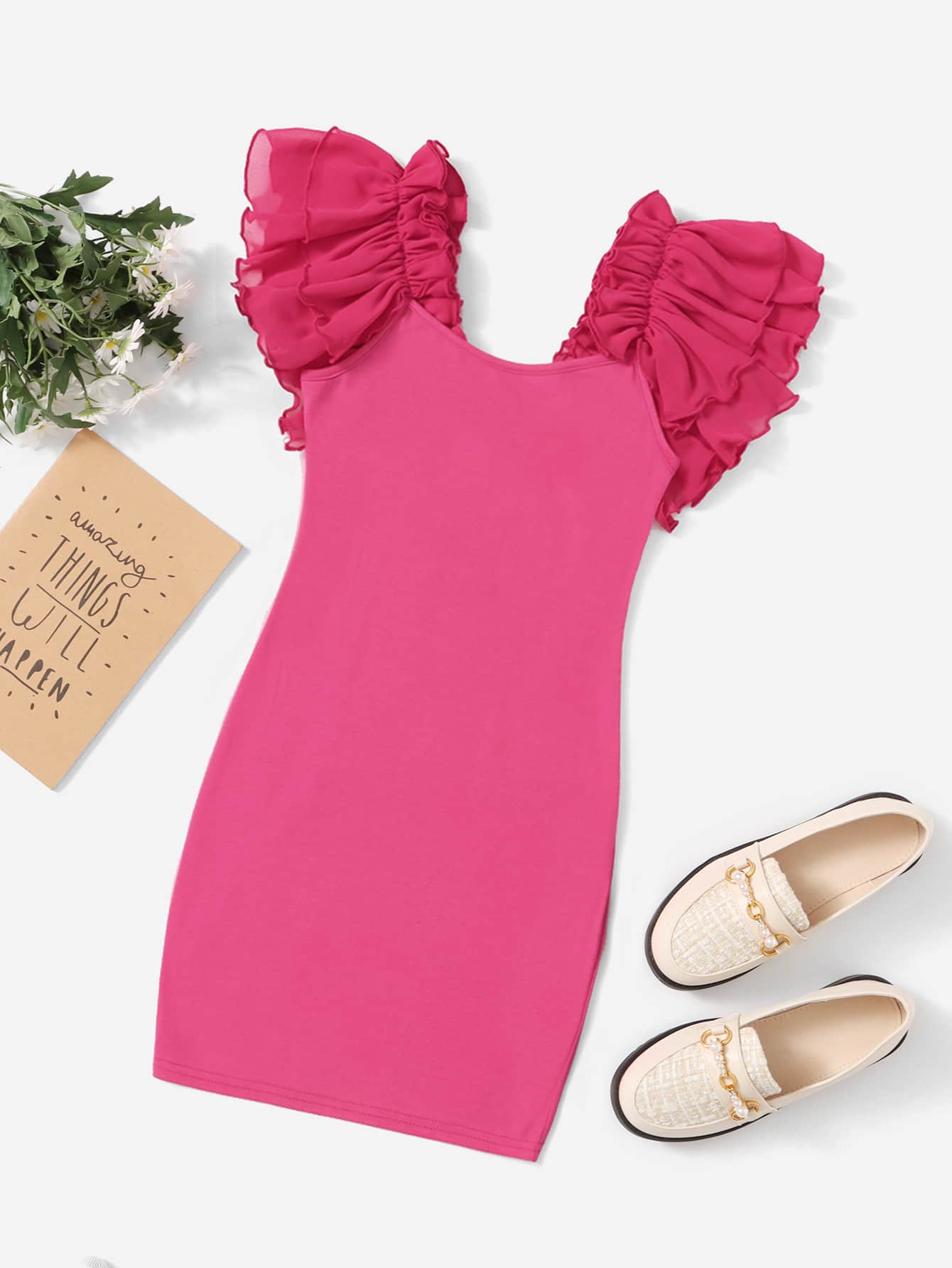 SHEIN Fille Robe ajustée manches multicouches