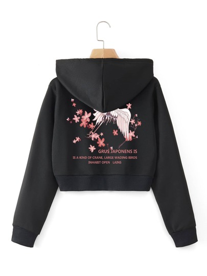 Floral & Letter Graphic Drawstring Zip-up Crop Hoodie