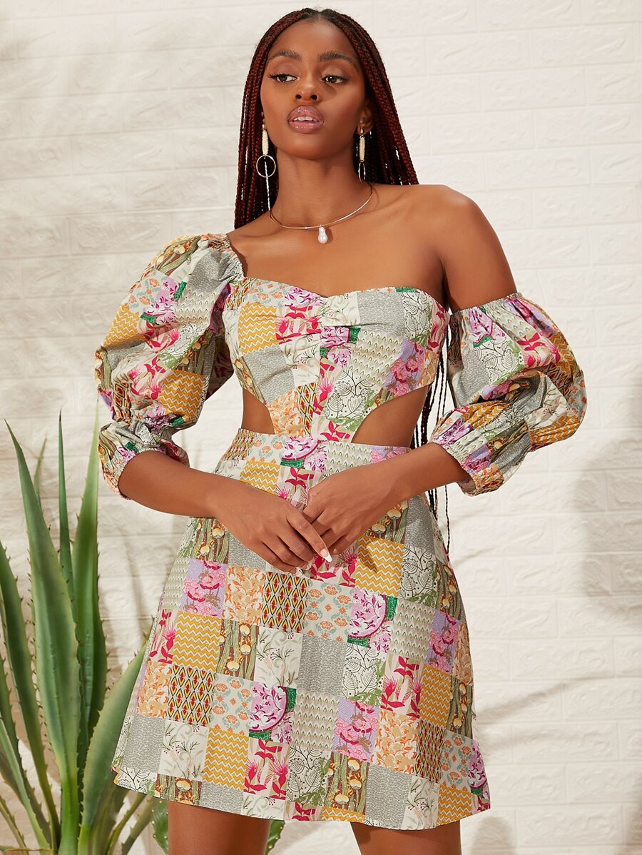 SHEINNeu Patchwork Print Asymmetrical Neck Cut Out Waist Dress