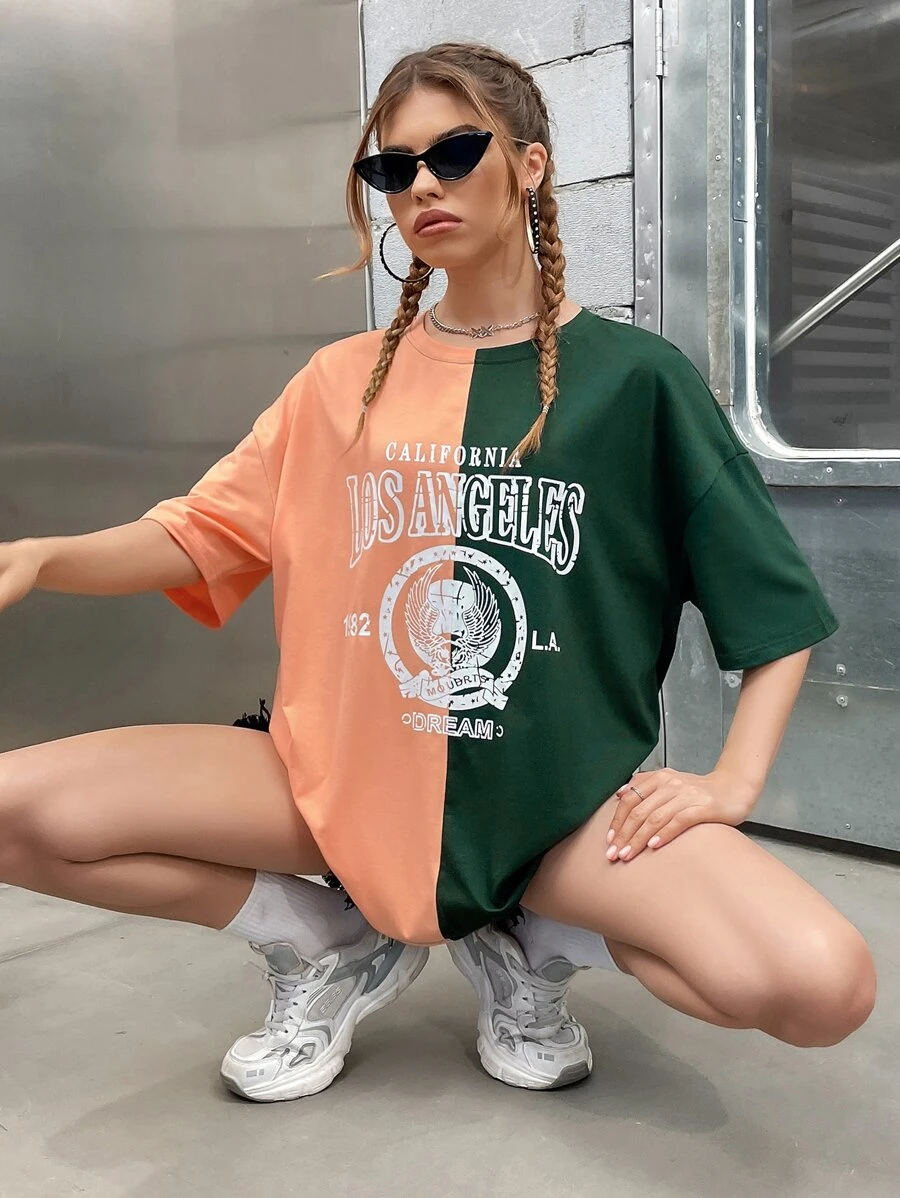 Damskie T-shirty Kolorowe bloki Litera Casual