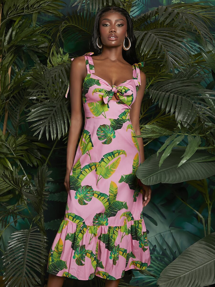 SHEINNeu Abito con bretelle sottile con stampa tropicale nodo frontale con volant