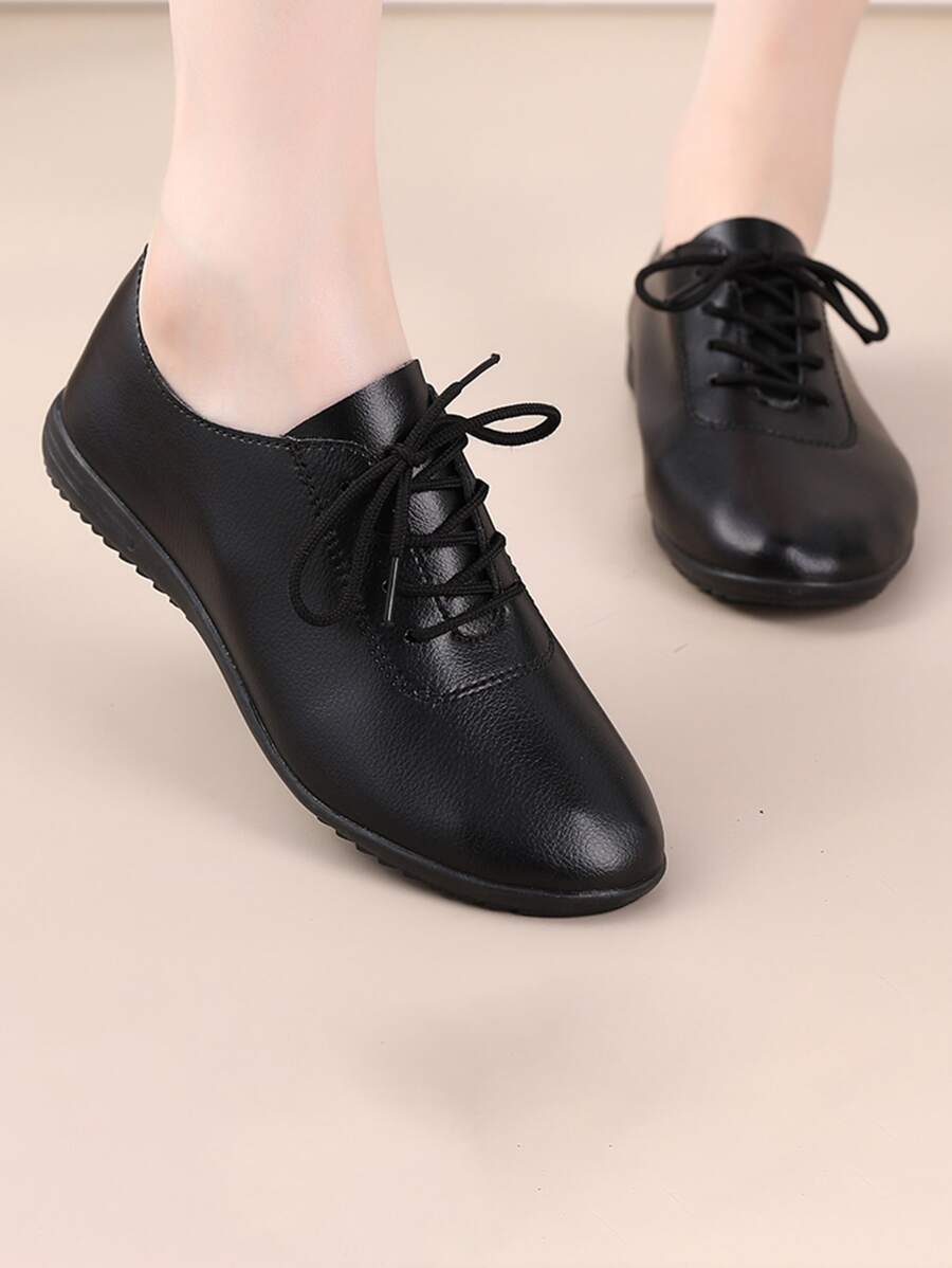 Zapatos Oxford Minimalistas Con Cordones, Zapatos Individuales Simples Y Elegantes De Estilo Campus Para Mujer En Color Negro