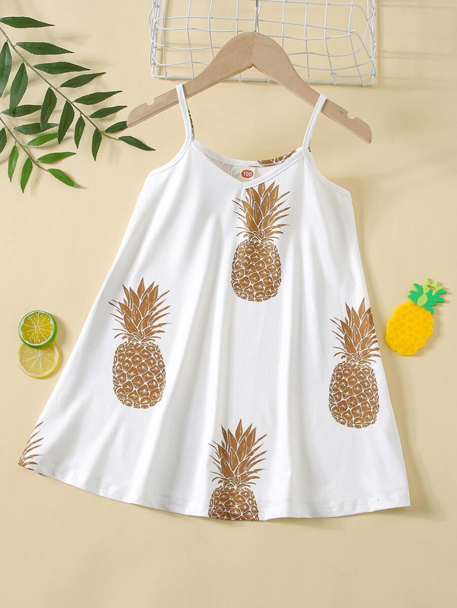 SHEIN Girls' Loose Pineapple & Tropical Fruit Print Spaghetti Strap Casual Dress, Suitable For Vacation & Outdoor, Summer