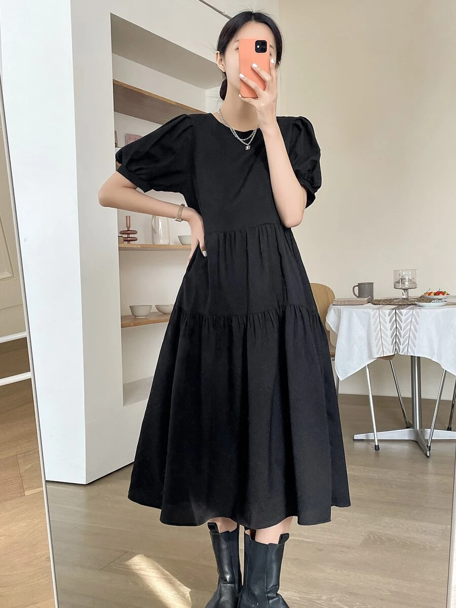 DAZY Solid Zipper Back Puff Sleeve Ruffle Hem Dress Sundress