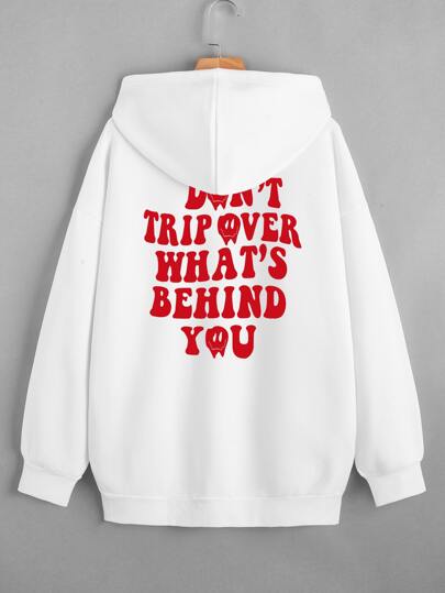 Slogan & Expression Print Kangaroo Pocket Drawstring Thermal Lined Sweatshirt