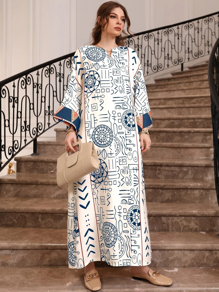 Al Najma Geometrischer Muster Ausgeschnittener Ausschnitt Kontrast Manschette Kaftan, bescheidenes Langarm Arabisches Kleid