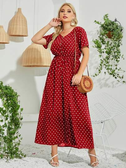 Plus Polka Dot V Neck A-line Dress