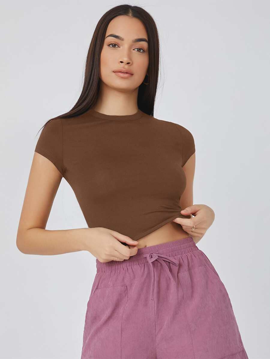 SHEIN BASICS Cap Sleeve Solid Crop Top