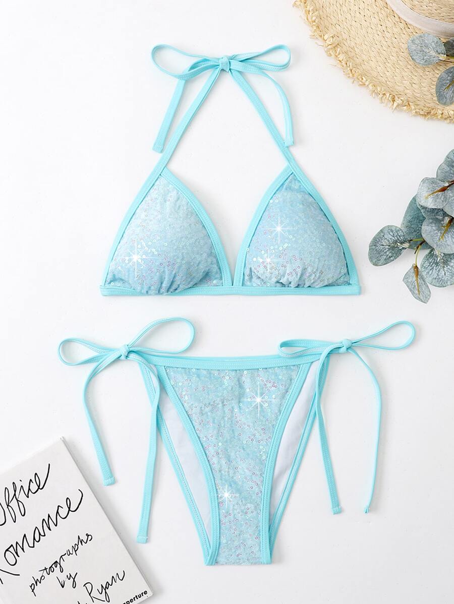 Shein Swim Sxy Sparkly Sequin Bikini Set Micro Triangle Bra Thong Bottom Piece Bathing Suit
