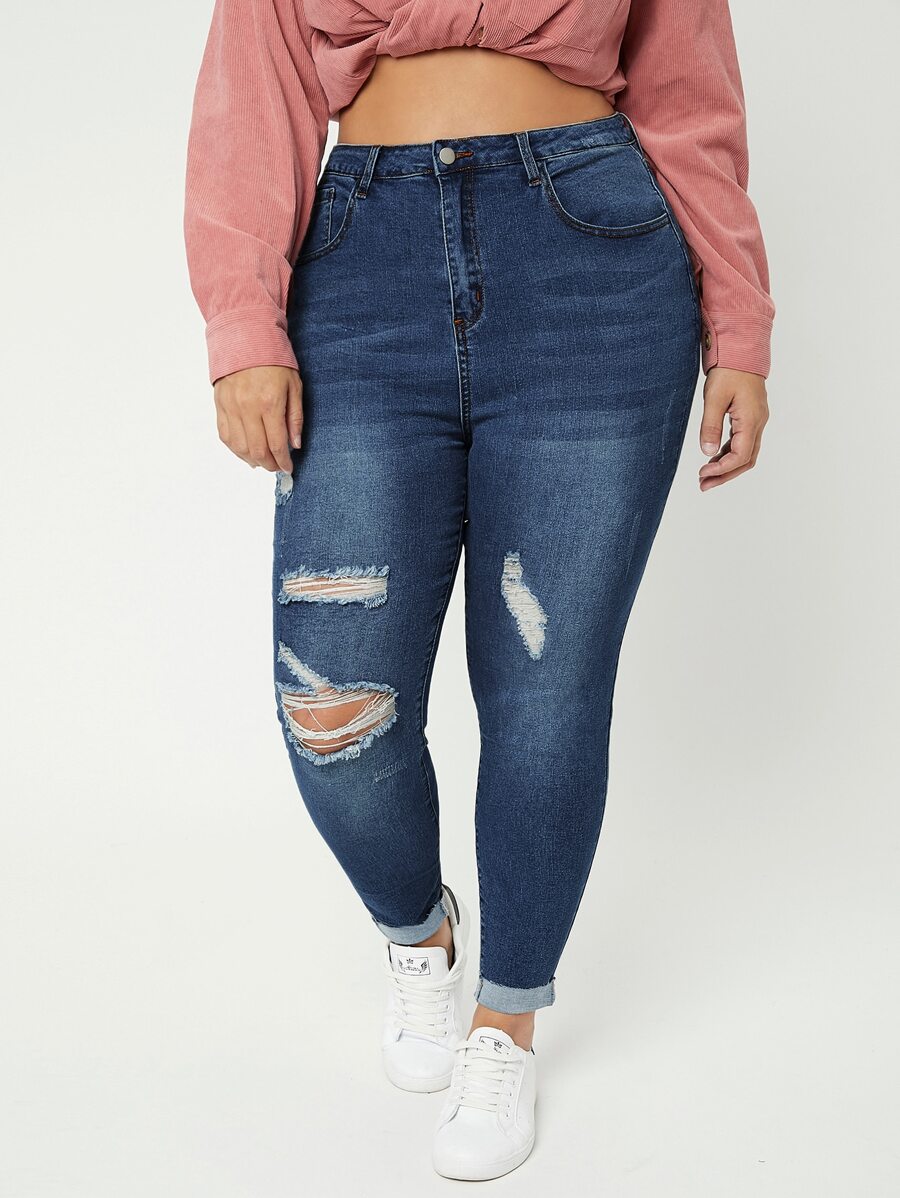 Plus High Waist Bleach Wash Ripped Frayed Skinny Jeans
