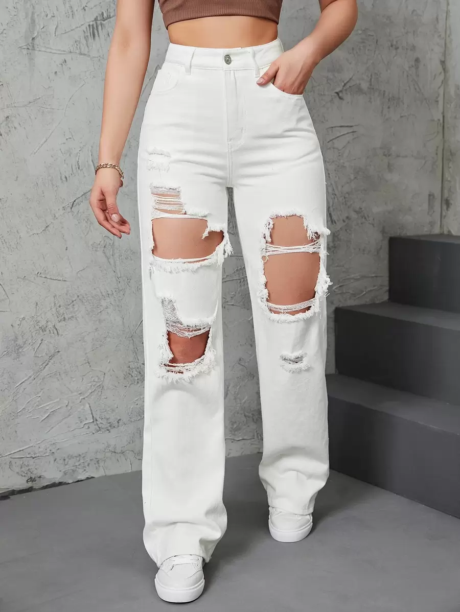 SHEIN EZwear Jeansy z wysokim stanem z przetarciami