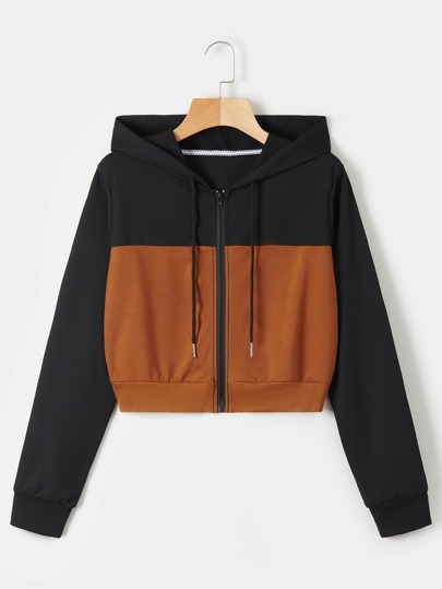 Colorblock Zip Up Drawstring Hoodie