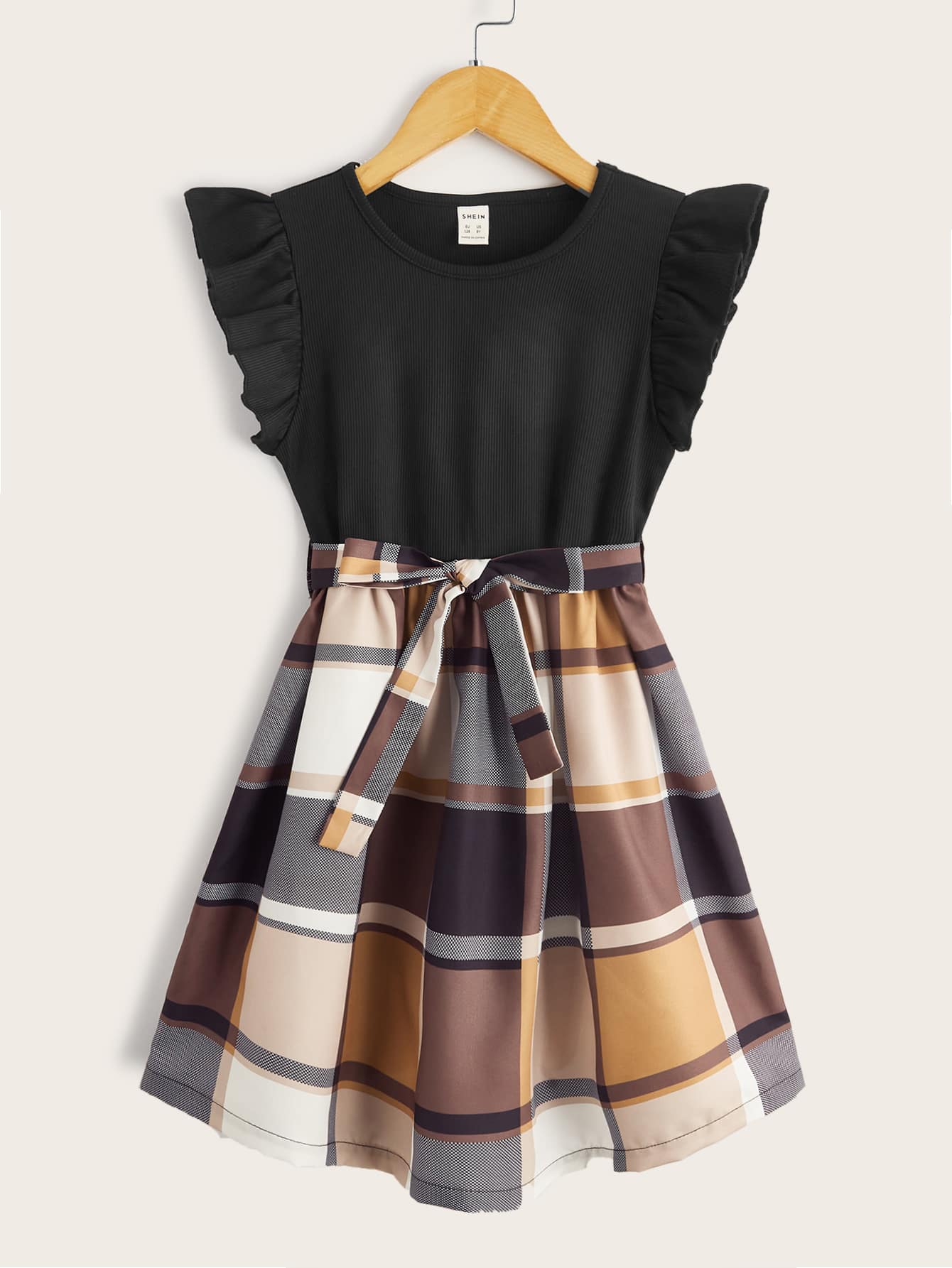 SHEIN Girls Plaid Flutter Sleeve Belted Dress