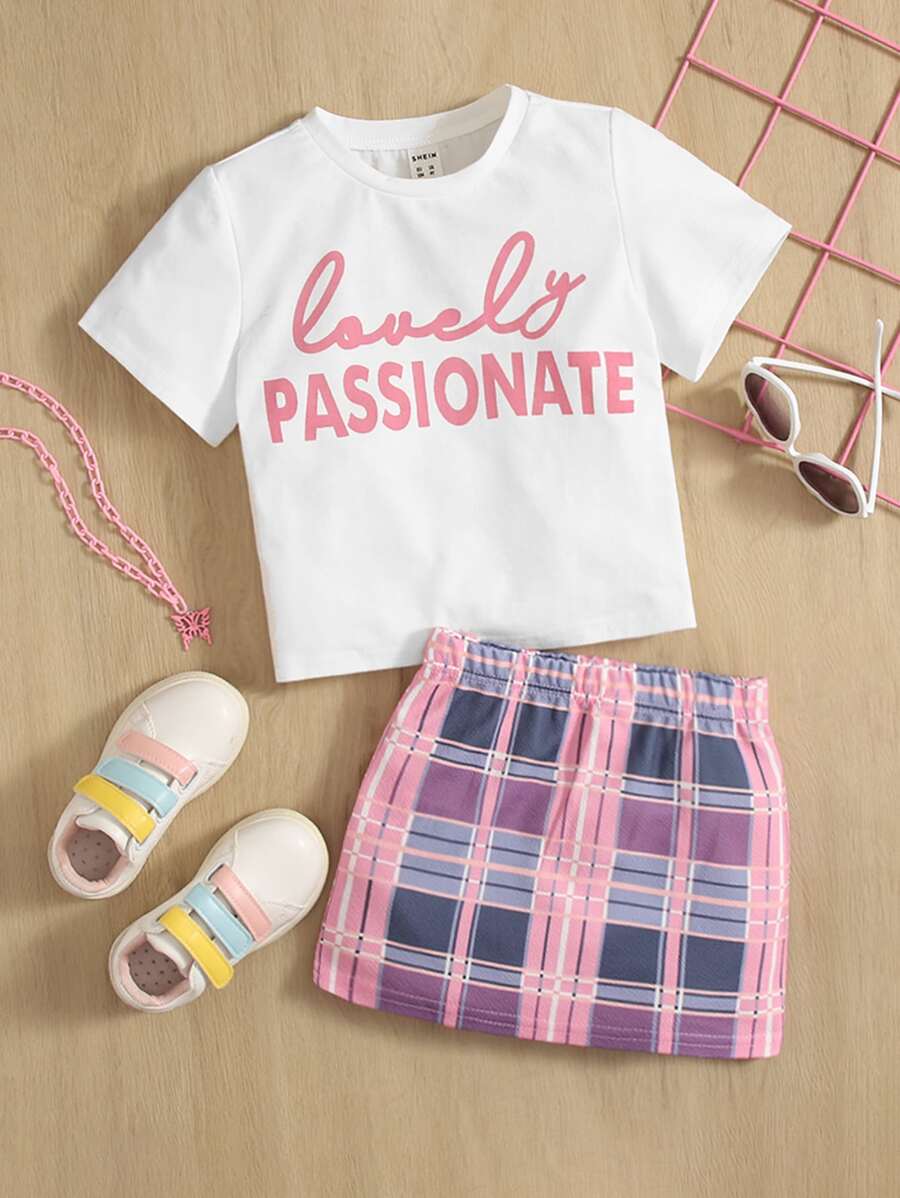 SHEIN Young Girl Letter Graphic Tee & Plaid Print Skirt