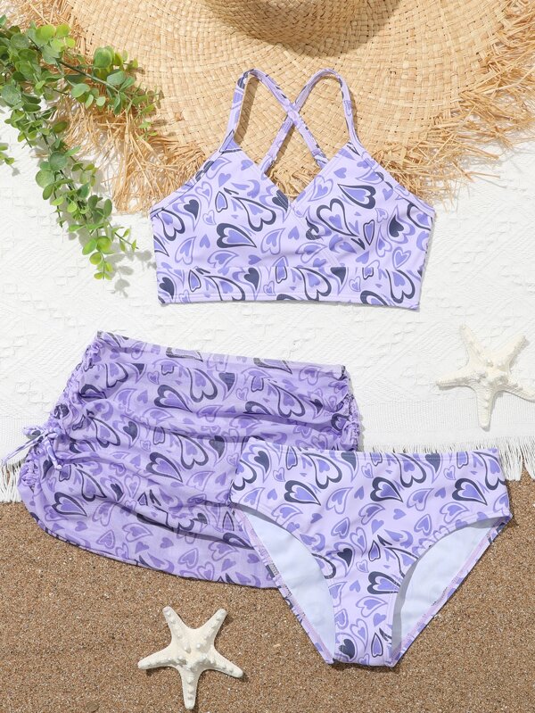 piezas Niñas con patrón de corazón cruzado Bañador bikini Falda de playa Moda de Mujer