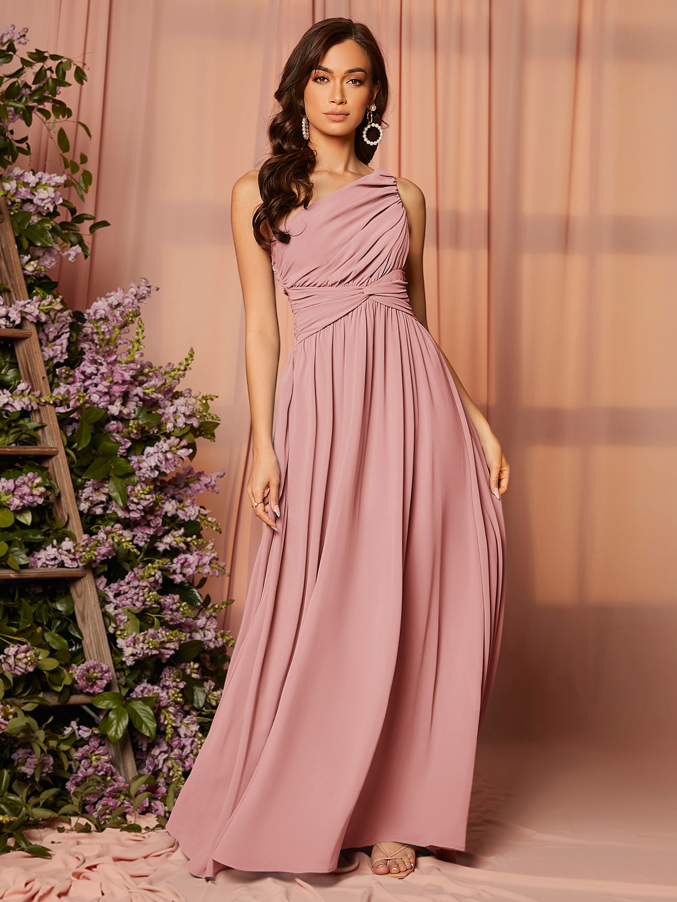 Fiore di lavanda stampato arruffato una linea abito da damigella d'onore  con fessura, image size:1340x1785