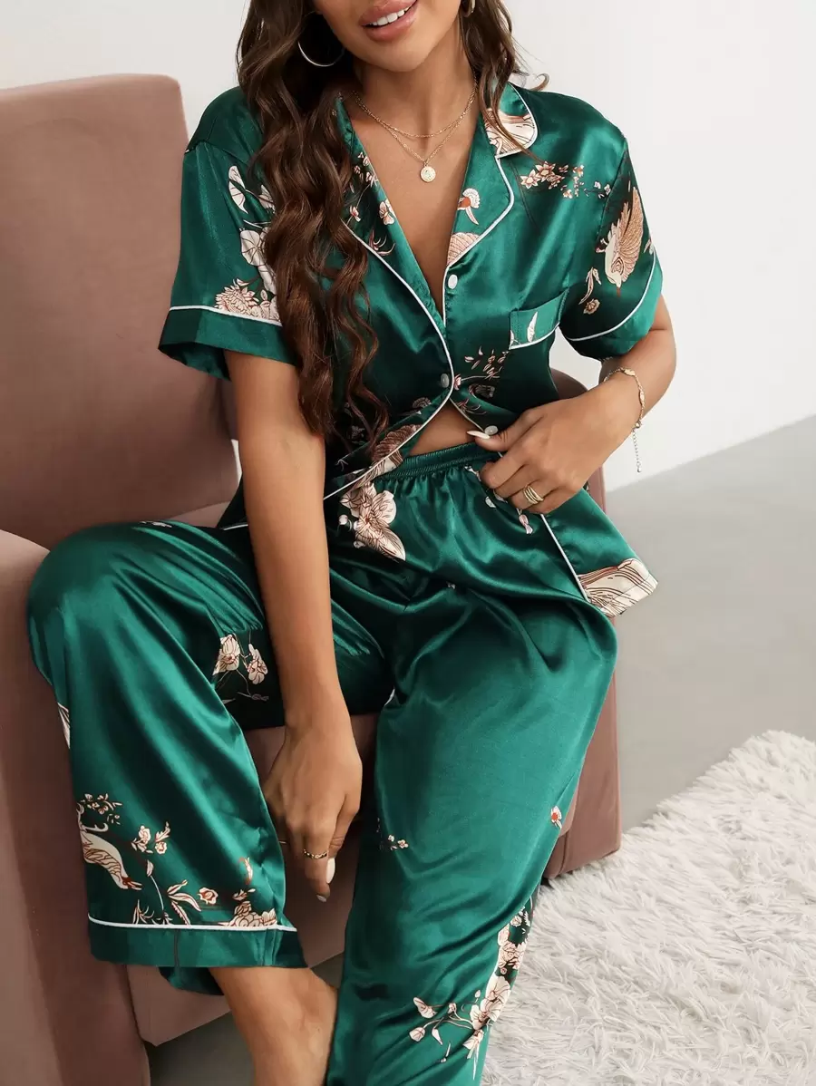 Ensemble pyjama en satin à imprimé floral, pour les vacances