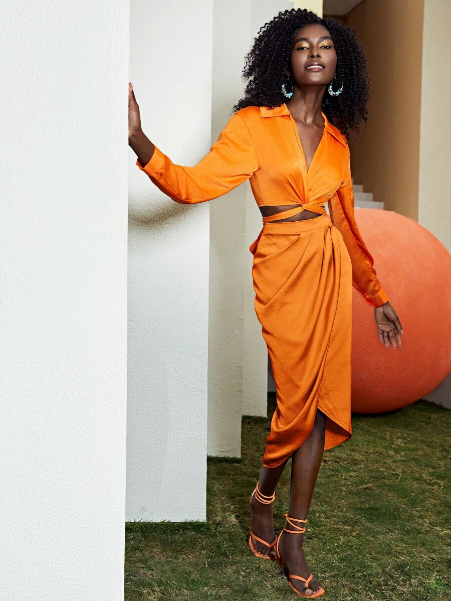 SHEIN Unity Falda neón naranja con diseño cruzado