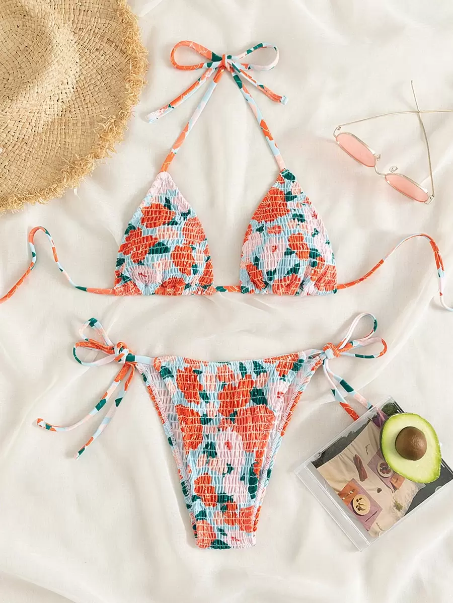 Swim Mod Ensemble de bikini floral de plage d'été, soutien-gorge triangle smocké et bas latéral à nouer, bikini 2 pièces
