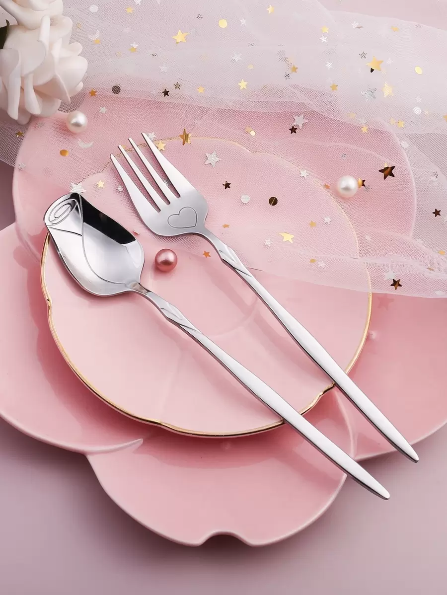 Valentine's Day Creative Silver Heart Rose Spoon And Fork Set For Home, Restaurant, Hotel, Multi-Purpose For Desserts, Ice Cream, Fruit, Cake, 2pcs School Supplies,Christmas Gift