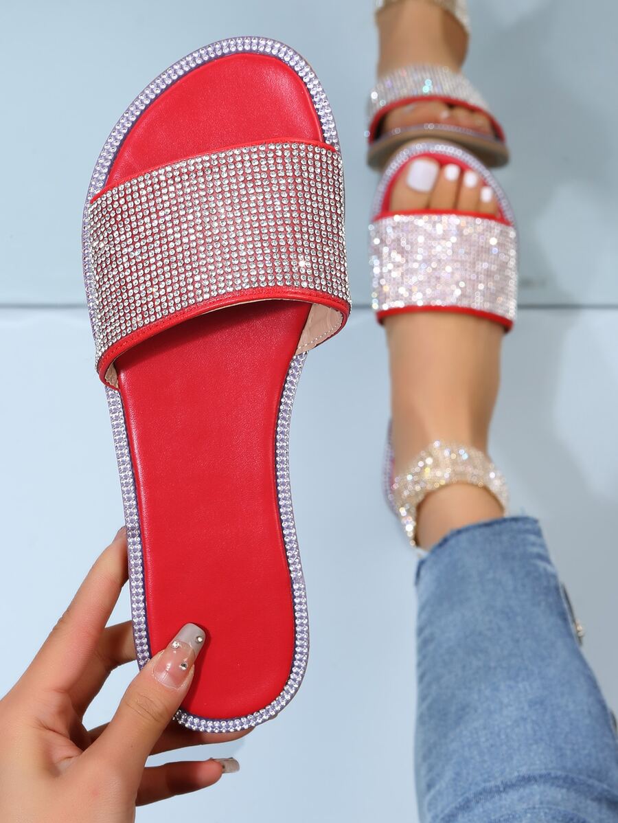 Women's Fashionable Flat Sandals With Rhinestone Decorations Slippers Valentines