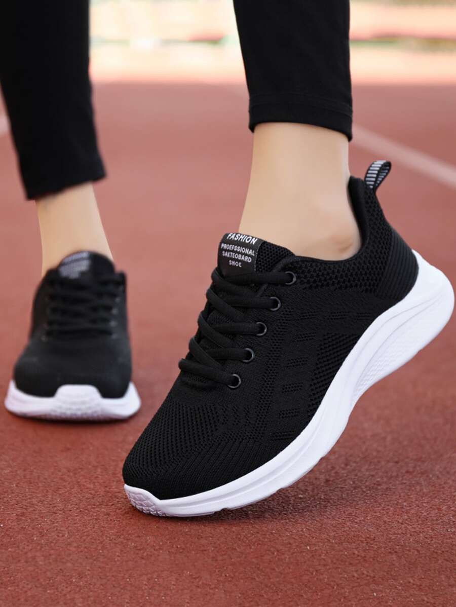 Women Letter Patch Decor Knit Detail Minimalist Lace-Up Front Breathable Running Sneakers Build For Tennis
