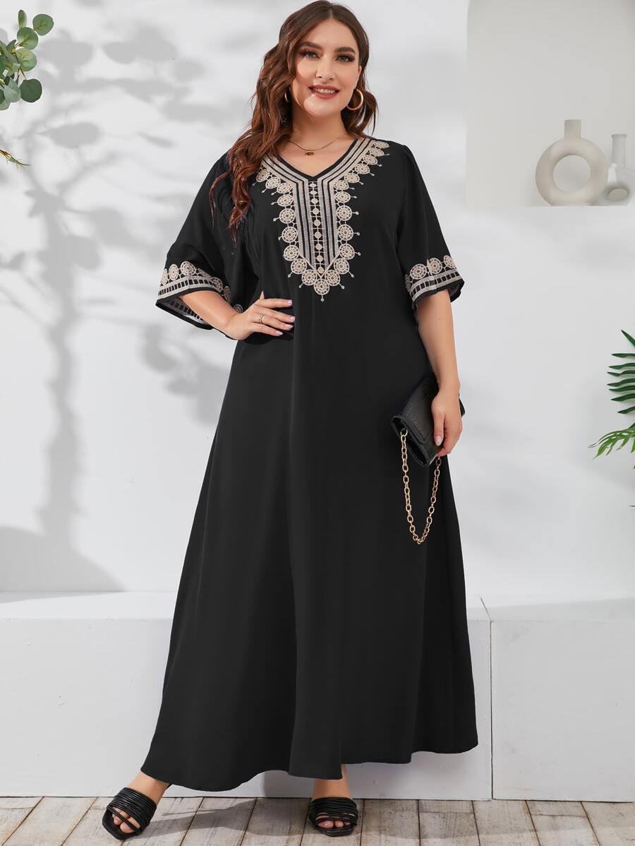 Al Najma Plus Embroidery V Neck Maxi Tunic Dress