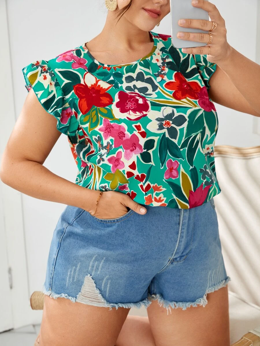 SHEIN LUNE Plus Floral Print Ruffle Trim Top