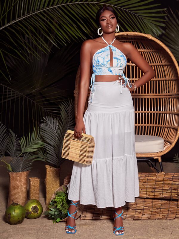 SHEIN X Kimberly Loaiza Marble Print Cut Out Drawstring Side Tie Backless Crop Halter Top