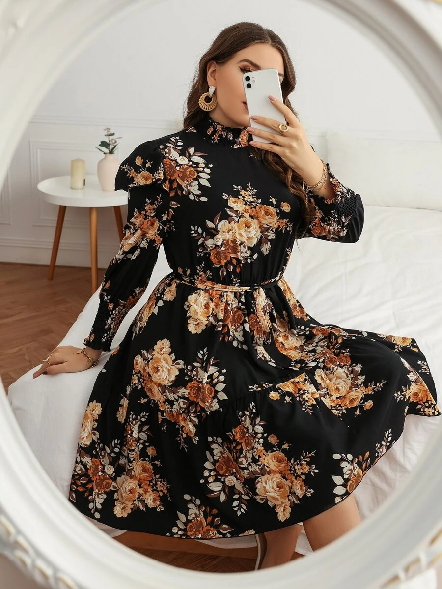 SHEIN Clasi Plus Floral Print Shirred Ruffle Hem Belted Dress