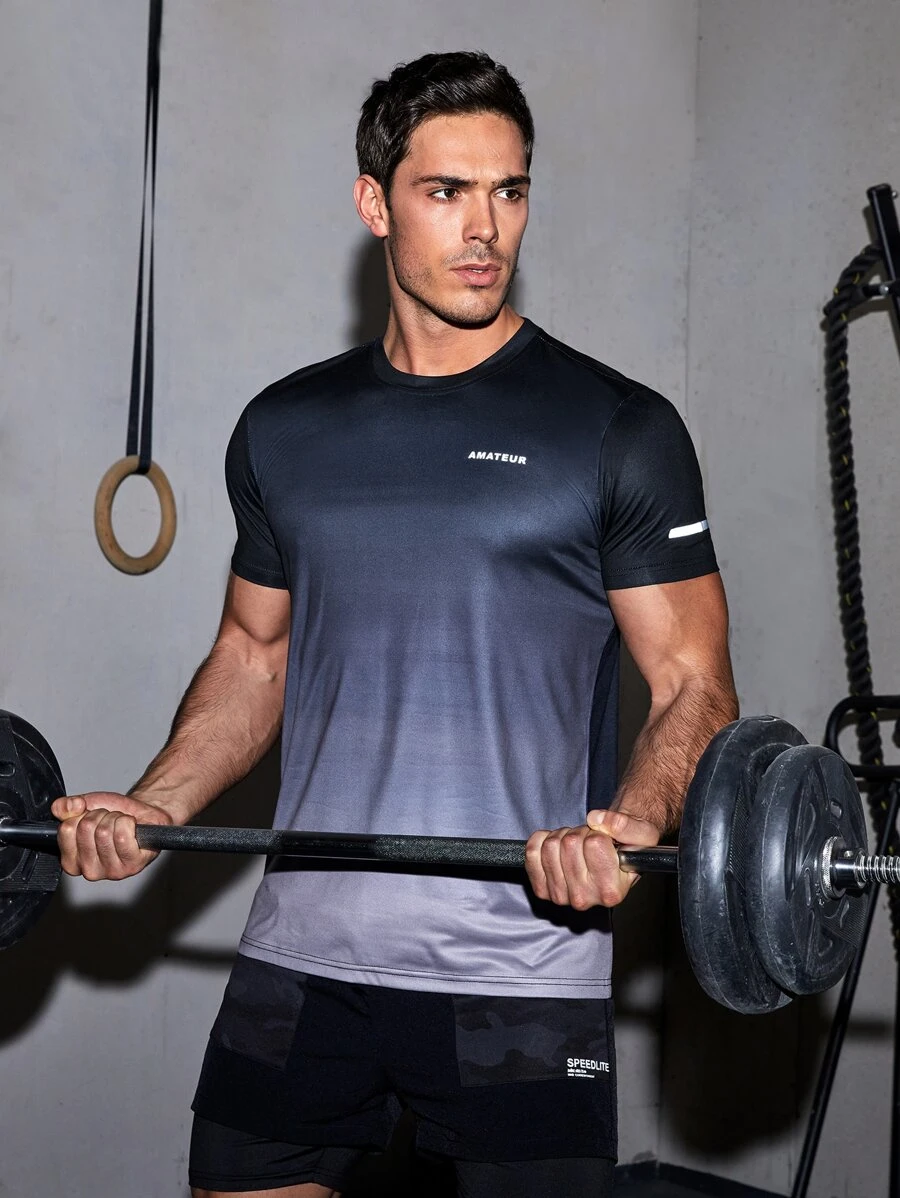 Manfinity Fitness Boyfriend Style Men Reflective Letter Graphic Sports Tee Workout Tops , Gym , Graphic , Active Wear , Colorful , Reflective