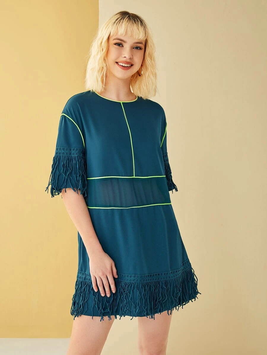 LIYUN X Drop Shoulder Contrast Binding Fringe Trim Dress
