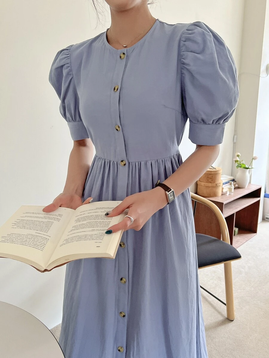 DAZY Puff Sleeve Button Through Tie Back Dress Sundress