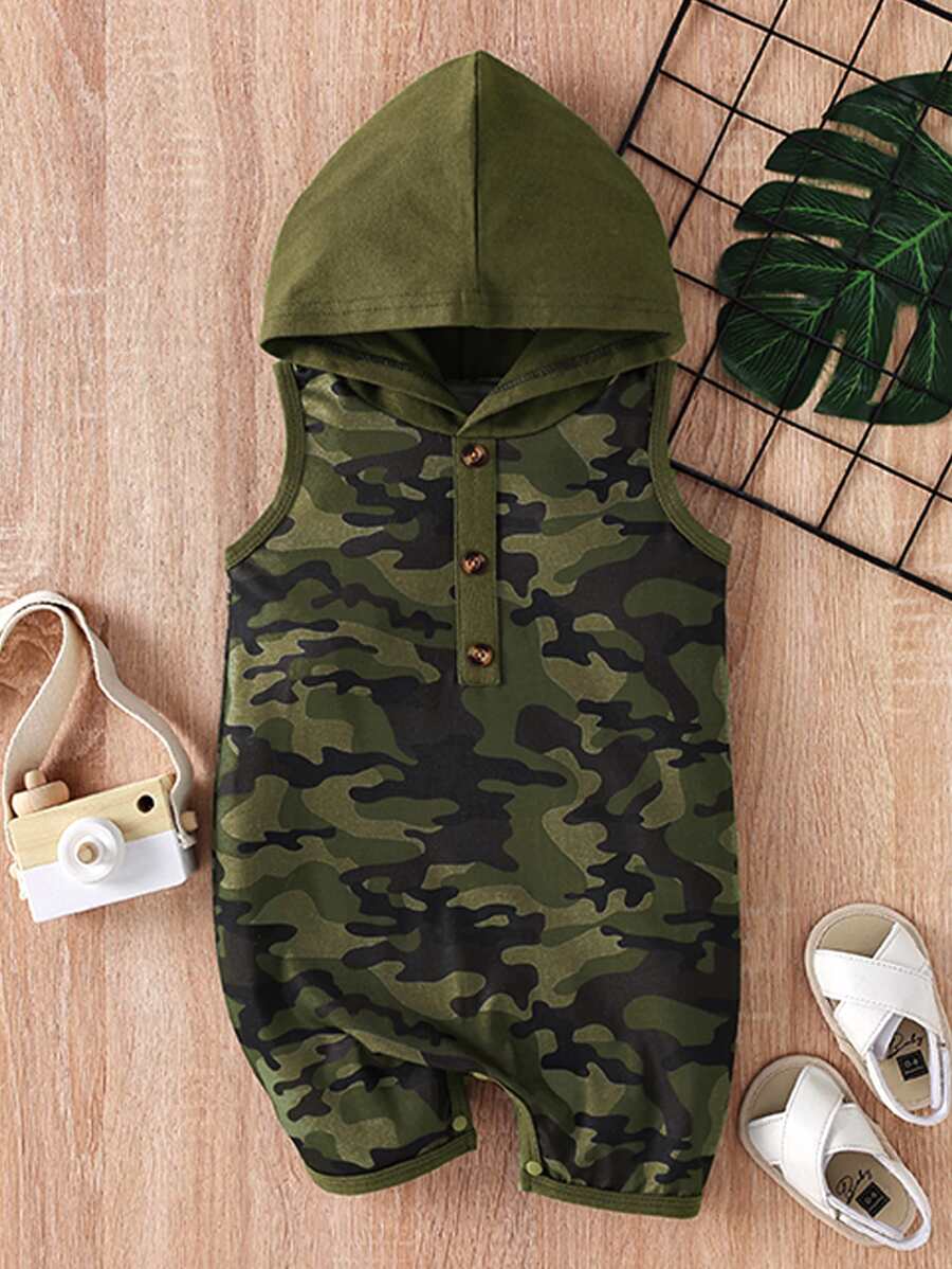 Baby Boy Summer Casual Camouflage Printed Patchwork Sleeveless Hooded Romper