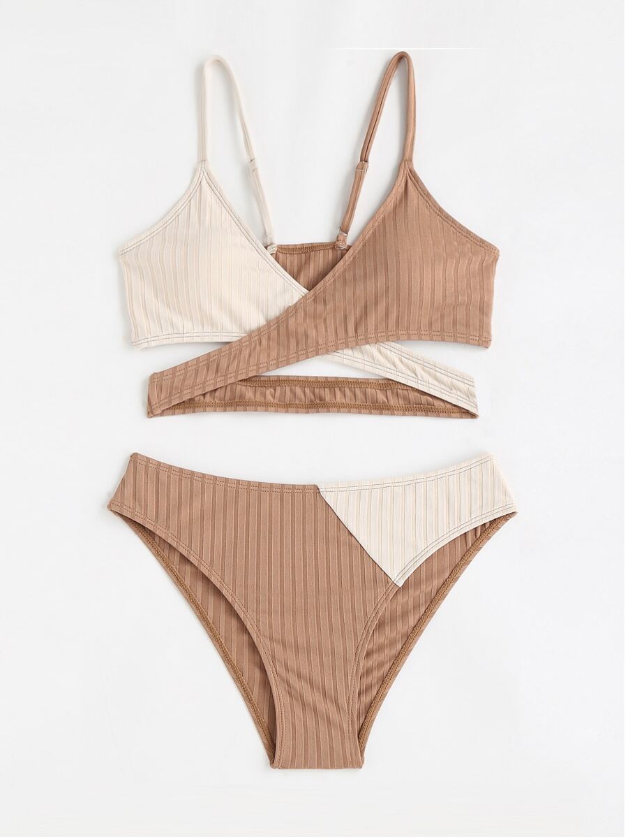 SHEIN Conjunto De Bikini Cruzado Envolvente De Dos Tonos Para Chicas Adolescentes Playa De