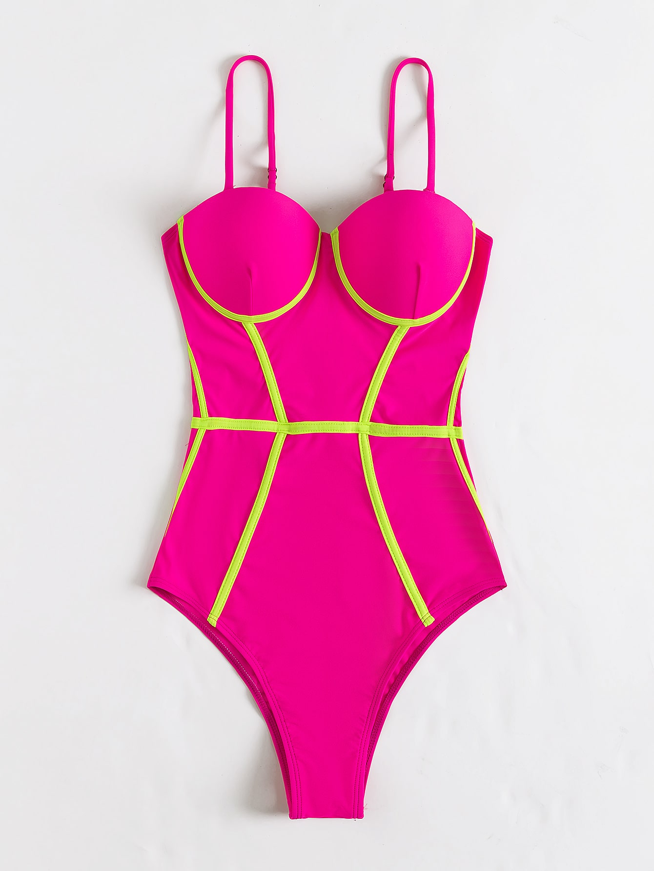 Neon Pink Contrast Binding Underwire Push Up One Piece Swimsuit