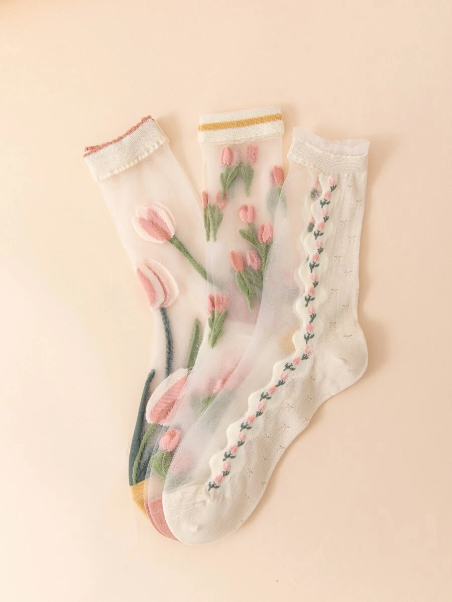 3 pares Calcetines de tripulación con patrón floral