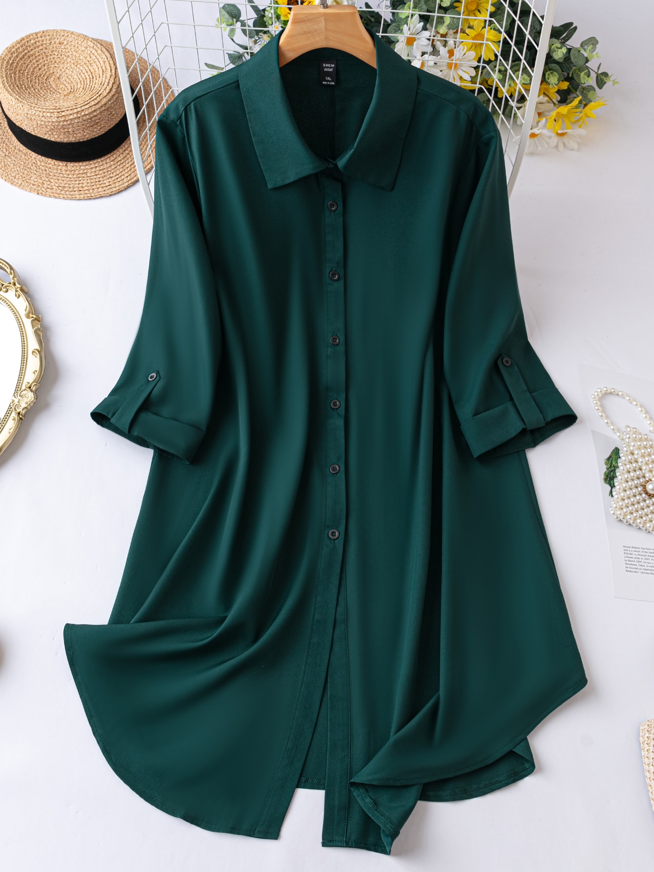 Plus Roll Tab Sleeve Shirt Dress