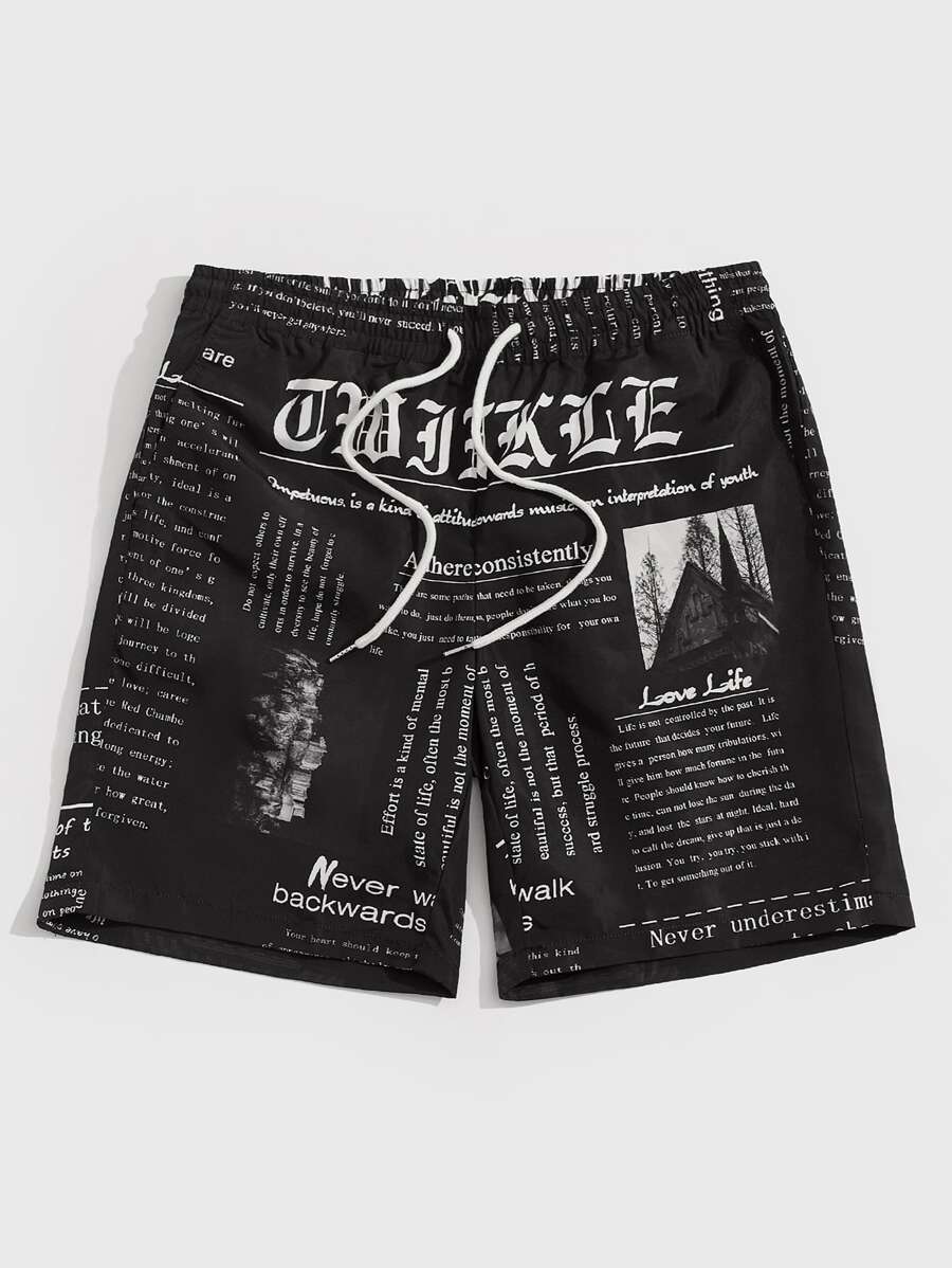 Manfinity VCAY Men Drawstring Waist Slogan Graphic Shorts Pattern I My Boyfriend