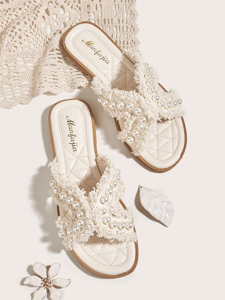 Elegant Outdoors Flat Slippers For Women, Pearl & Fringe Decor Artificial Leather Open Toe Slide Sandals Valentines